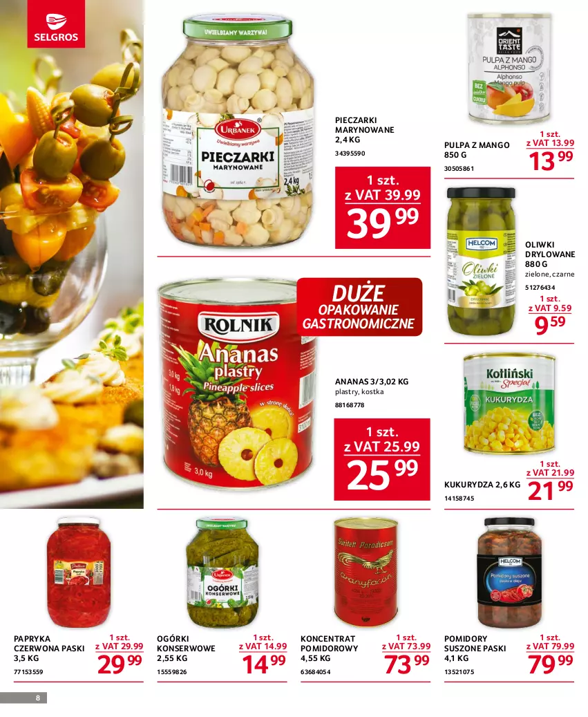 Gazetka promocyjna Selgros - Oferta gastronomiczna - ważna 27.07 do 09.08.2023 - strona 8 - produkty: Ananas, Koncentrat pomidorowy, Kukurydza, Mango, Ogórki konserwowe, Oliwki, Papryka, Papryka czerwona, Piec, Pomidory, Ser