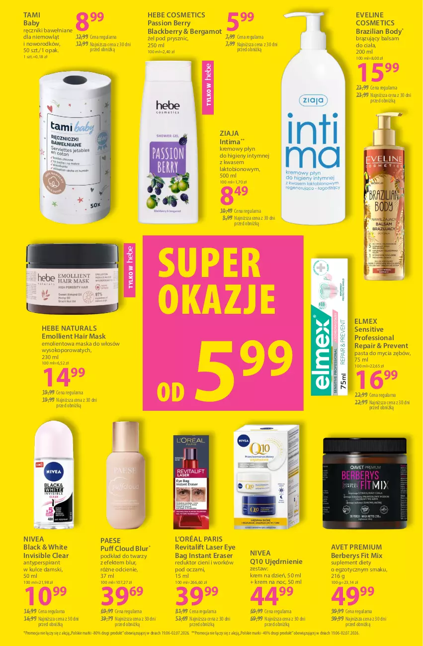 Gazetka promocyjna Hebe - Gazetka - ważna 19.06 do 02.07.2026 - strona 15 - produkty: Antyperspirant, Balsam do ciała, Body, Elmex, Eveline, Hebe Cosmetics, Krem na dzień, Krem na noc, L’Oréal, Lack, Maska, Maska do włosów, Nivea, Nivea Q10, PAESE, Płyn do higieny intymnej, Podkład, Podkład do twarzy, Por, Puf, Ręcznik, Ser, Sok, Suplement diety, Ziaja