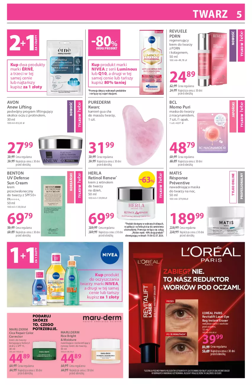 Gazetka promocyjna Hebe - Gazetka - ważna 19.06 do 02.07.2026 - strona 5 - produkty: Anew, Gra, Kolagen, Krem do twarzy, Maska, Maska do twarzy, Nivea, Pur, Revuele, Ryż, Ser
