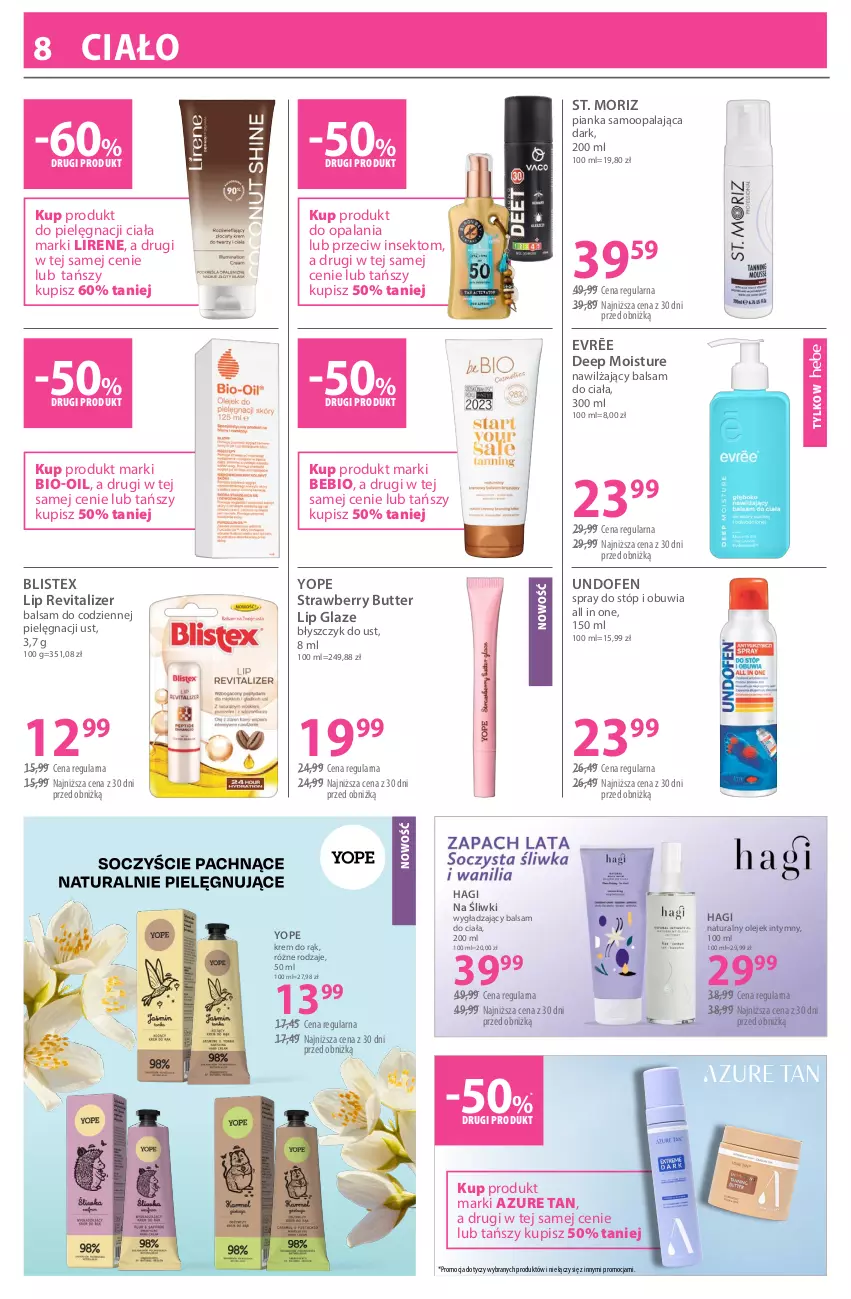 Gazetka promocyjna Hebe - Gazetka - ważna 19.06 do 02.07.2026 - strona 8 - produkty: Balsam do ciała, Bio-Oil, Błyszczyk do ust, Krem do rąk, Lirene, Nawilżający balsam, Olej, Undofen, Yope