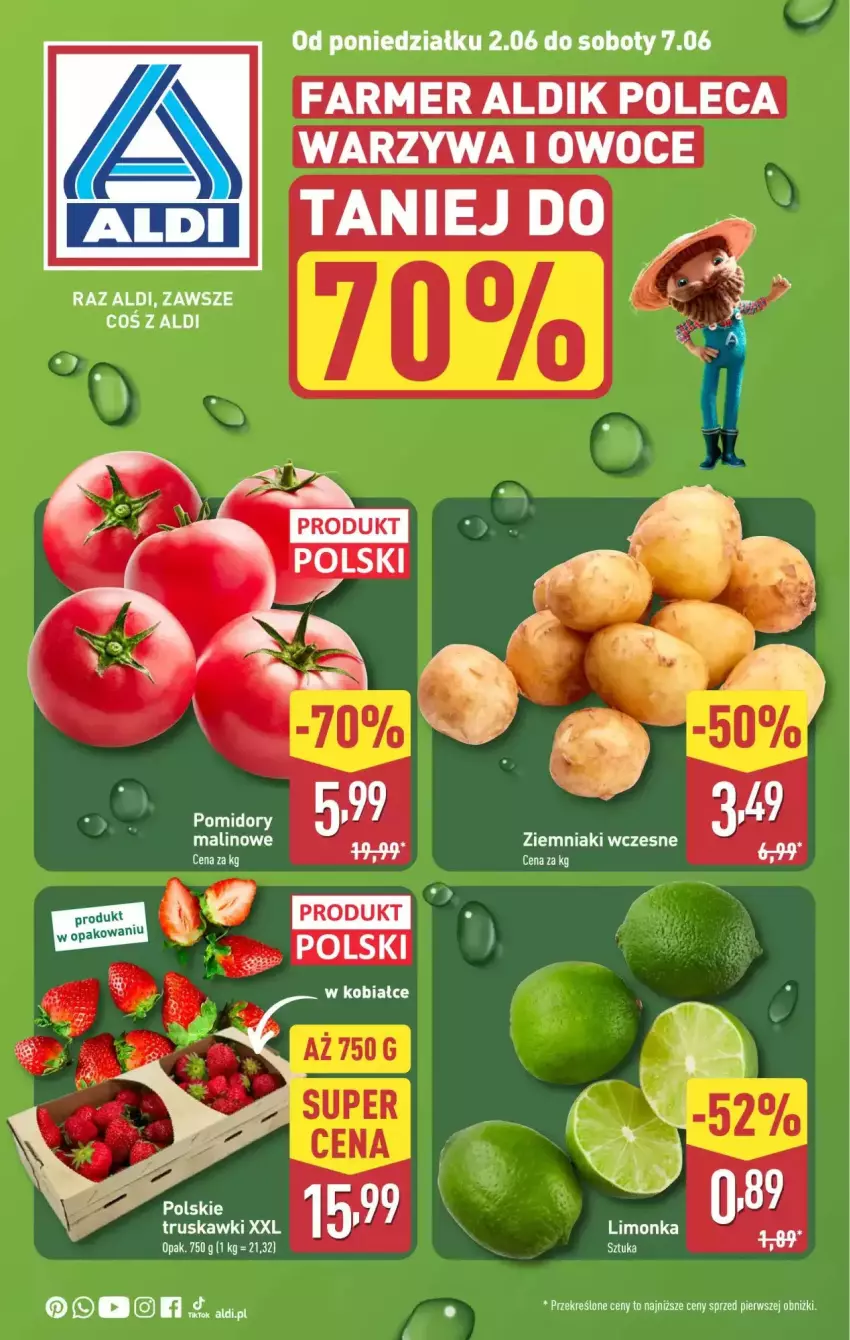 Gazetka promocyjna Aldi - ważna 02.06 do 05.07.2025 - strona 20 - produkty: Fa, Limonka, Owoce, Pomidory, Truskawki, Warzywa, Warzywa i owoce, Ziemniaki