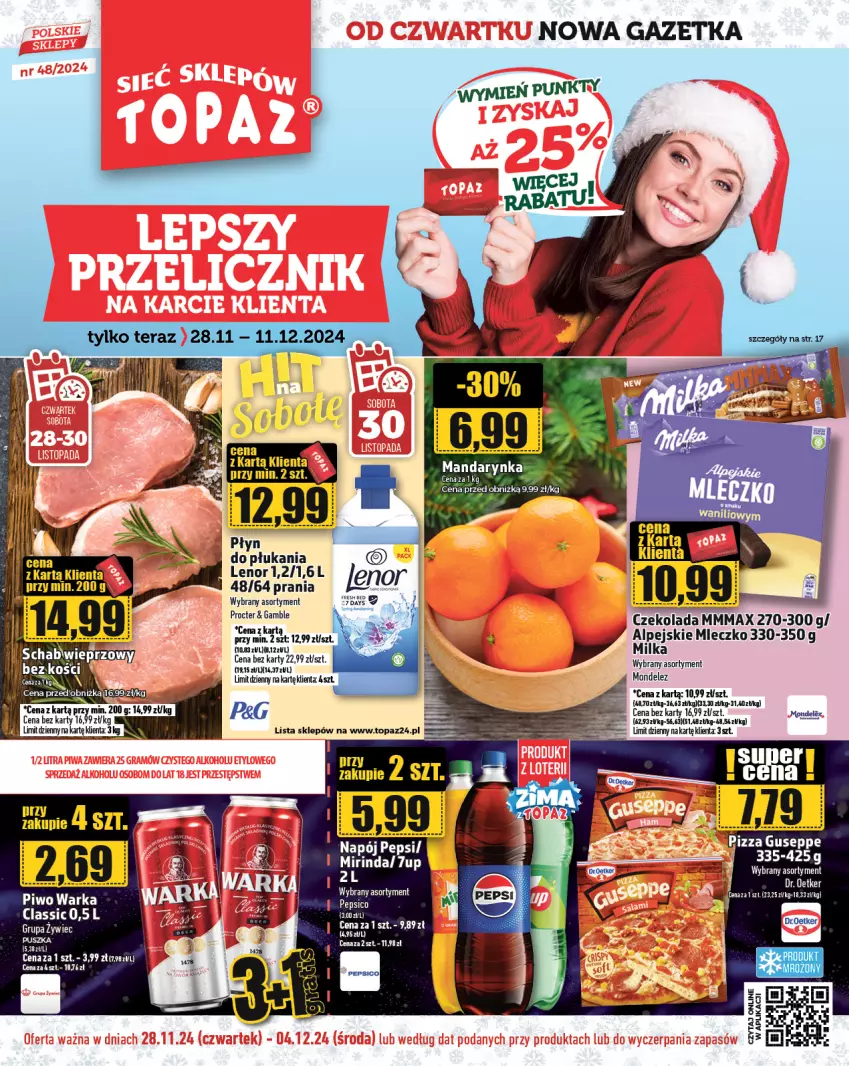 Gazetka promocyjna Topaz - Gazetka - ważna 28.11 do 04.12.2024 - strona 1 - produkty: Ananas, Bell, Czekolada, Dior, Dr. Oetker, Fa, Miecz, Milka, Napój, Pepsi, Piwo, Warka