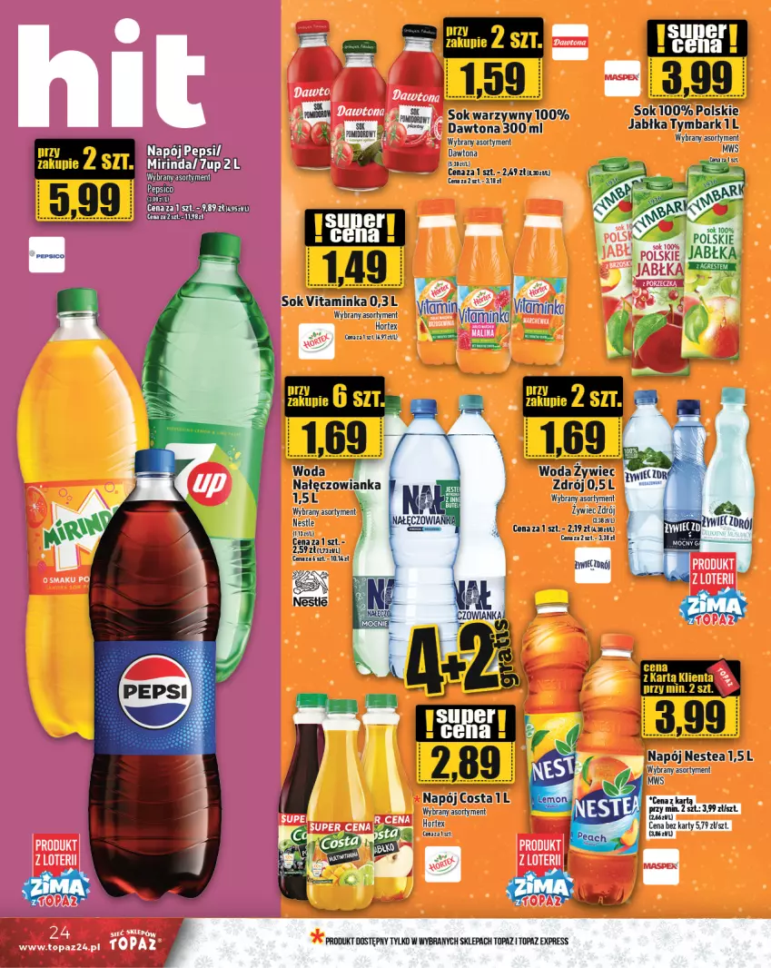 Gazetka promocyjna Topaz - Gazetka - ważna 28.11 do 04.12.2024 - strona 24 - produkty: 7up, Dawtona, Hortex, Inka, Jabłka, Mirinda, Nałęczowianka, Napój, Nestea, Pepsi, Sok, Top, Tymbark, Woda