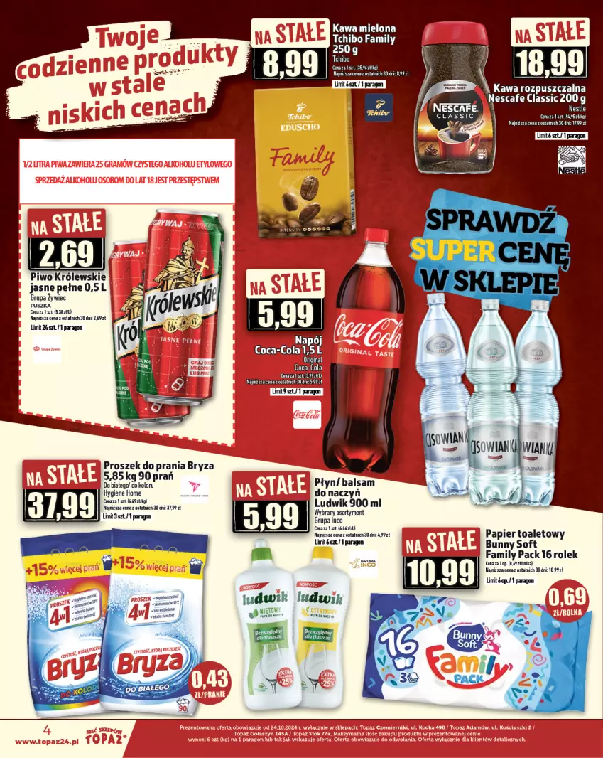 Gazetka promocyjna Topaz - Gazetka - ważna 28.11 do 04.12.2024 - strona 4 - produkty: Bryza, Fa, Kawa, Kawa mielona, Kawa rozpuszczalna, Królewski, Ludwik, Papier, Papier toaletowy, Piwo, Proszek do prania