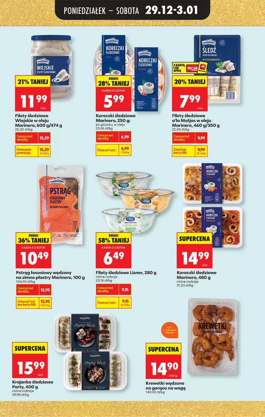 Gazetka promocyjna Biedronka - Od Poniedziałku - ważna 29.12.2025 do 03.01.2026 - strona 43 - produkty: Koreczki śledziowe, Krajanka śledziowa, Krewetki, Lisner, Matjas, Olej, Pstrąg, Pstrąg łososiowy, Sos
