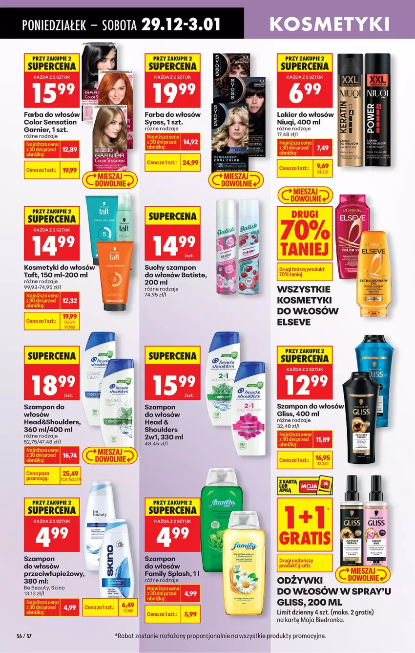 Gazetka promocyjna Biedronka - Od Poniedziałku - ważna 29.12.2025 do 03.01.2026 - strona 68 - produkty: Banany, Batiste, Be Be, Elseve, Fa, Farba do włosów, Garnier, Gra, Lakier, Lakier do włosów, Niuqi, Por, Sati, Suchy szampon, Syoss, Szampon, Taft