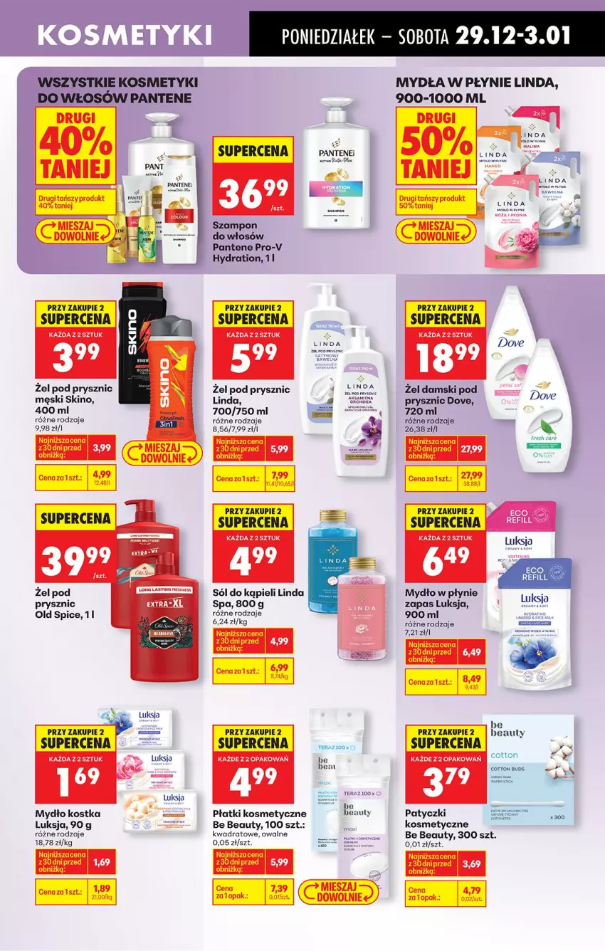 Gazetka promocyjna Biedronka - Od Poniedziałku - ważna 29.12.2025 do 03.01.2026 - strona 69 - produkty: Aksam, Be Be, Dove, Fa, Luksja, Mydło, Mydło w płynie, Old Spice, Pantene, Patyczki kosmetyczne, Płatki kosmetyczne, Sól, Sól do kąpieli, Stek, Szampon, Tera, Wełna