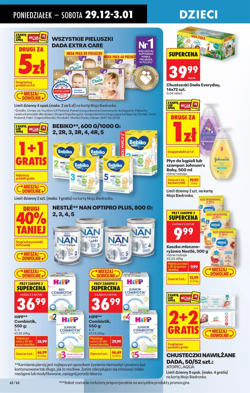 Gazetka promocyjna Biedronka - Od Poniedziałku - ważna 29.12.2025 do 03.01.2026 - strona 74 - produkty: Bebiko, Chusteczki, Dada, Dzieci, Fa, Gra, HiPP, Johnson's, Johnson's Baby, Karmi, Majtki, Mleko, NAN Optipro, O nas, Pieluchomajtki, Pieluchy, Płyn do kąpieli, Por, Ryż, Szampon, Top