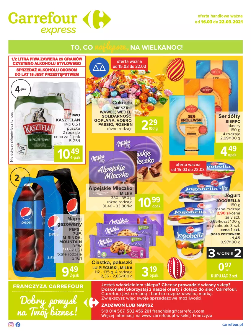 Gazetka promocyjna Carrefour - Gazetka Express - ważna 15.03 do 22.03.2021 - strona 2 - produkty: 7up, Bell, Bella, Ciastka, Cukier, Cukierki, Goplana, Gra, Jogobella, Jogurt, Kasztelan, Kosz, LANA, Milka, Mirinda, Mleczko, Napój, Napój gazowany, Pepsi, Piwa, Piwo, Ser, Wawel