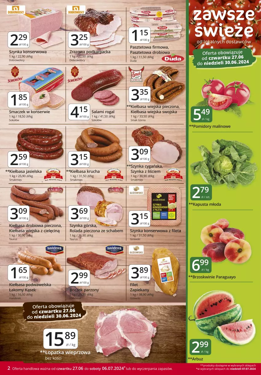 Gazetka promocyjna Market Vita - Gazetka – Marketvita - ważna 27.06 do 06.07.2024 - strona 2 - produkty: Brzoskwinie, Karp, Kiełbasa, Kiełbasa krucha, Kiełbasa wiejska, Pasztet, Piec, Rogal, Rolada, Ser, Sok, Sokołów, Szynka, Szynka cygańska, Szynka konserwowa