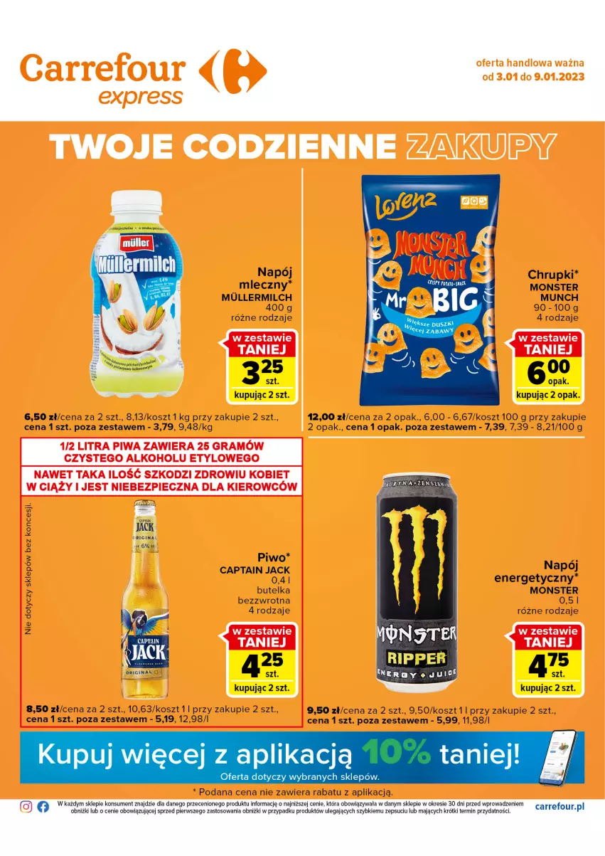 Gazetka promocyjna Carrefour - Gazetka Express - ważna 03.01 do 09.01.2023 - strona 1 - produkty: Captain Jack, Chrupki, Fa, Gin, Kosz, Napój, Piwo