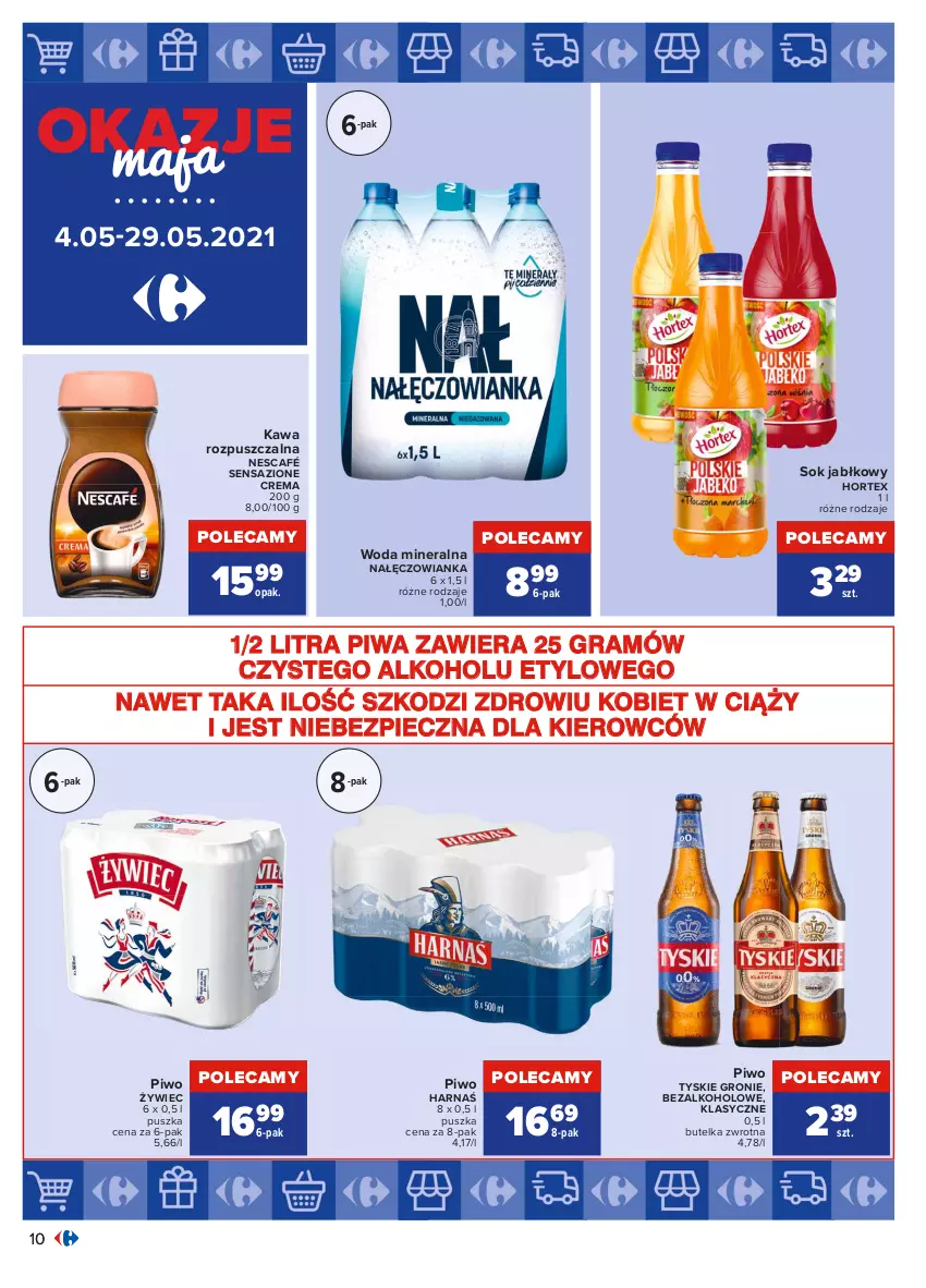 Gazetka promocyjna Carrefour - Gazetka Okazje Maja - ważna 03.05 do 29.05.2021 - strona 10 - produkty: Gra, Harnaś, Hortex, Kawa, Kawa rozpuszczalna, Nałęczowianka, Nescafé, Piec, Piwa, Piwo, Sok, Sok jabłkowy, Tyskie, Woda, Woda mineralna