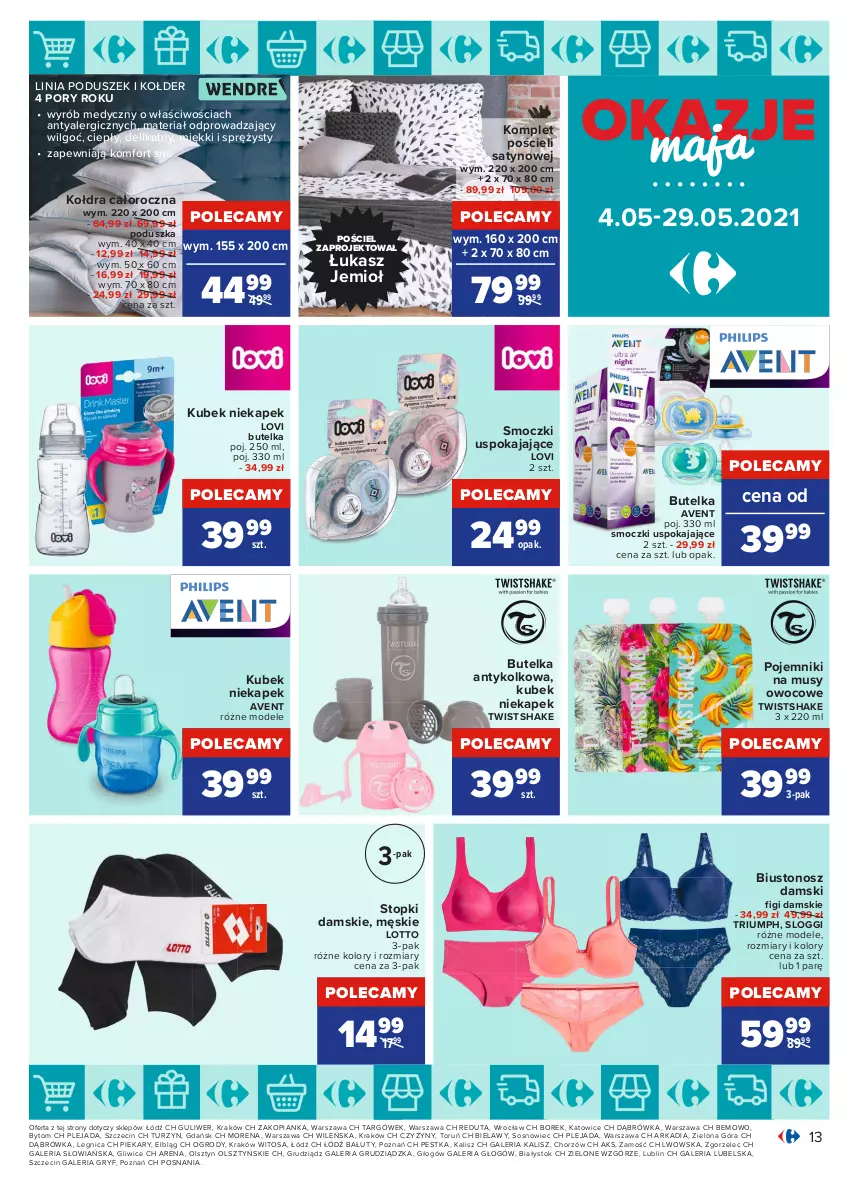 Gazetka promocyjna Carrefour - Gazetka Okazje Maja - ważna 03.05 do 29.05.2021 - strona 13 - produkty: Avent, Biustonosz, Figi, Gry, Kołdra, Komplet pościeli, Kubek, LG, Lovi, Mus, Poduszka, Pojemnik, Por, Pościel, Sos, Top