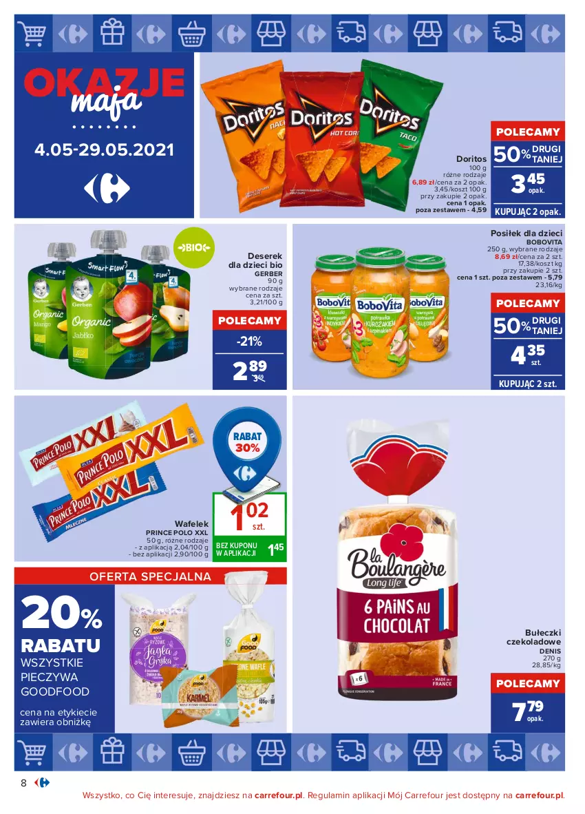 Gazetka promocyjna Carrefour - Gazetka Okazje Maja - ważna 03.05 do 29.05.2021 - strona 8 - produkty: BoboVita, Bułeczki, Deser, Dzieci, Gerber, Kosz, Piec, Prince Polo, Ser, Serek, Wafelek