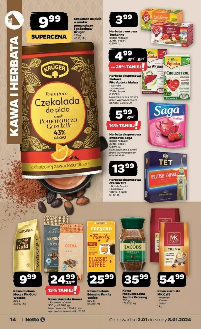 Gazetka promocyjna Netto - ważna 02.01 do 08.01.2025 - strona 6 - produkty: Apteka, Brit, Czekolada, Fa, Herbata, Kawa, Kawa mielona, Kawa ziarnista, Mocca Fix Gold, Saga, Tchibo, Woseba