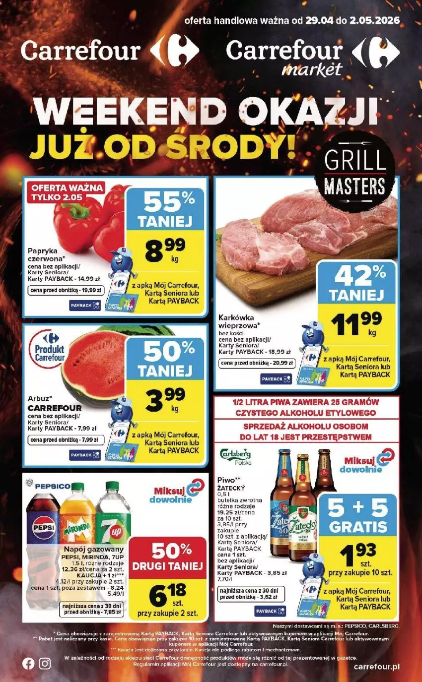 Gazetka promocyjna Carrefour - Gazetka Weekend okazji już od środy! - ważna 29.04 do 02.05.2026 - strona 1 - produkty: 7up, Arbuz, Carlsberg, Fa, Gra, Karkówka wieprzowa, Mirinda, Napój, Napój gazowany, Papryka, Papryka czerwona, Pepsi, Piwa, Piwo
