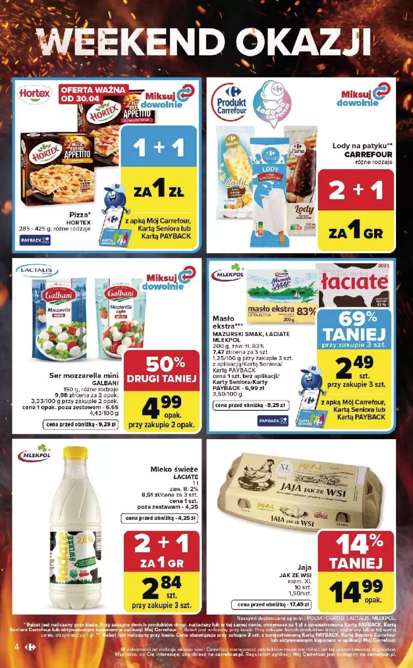 Gazetka promocyjna Carrefour - Gazetka Weekend okazji już od środy! - ważna 29.04 do 02.05.2026 - strona 4 - produkty: Fa, Hortex, Jaja, Lody, Mleko, Mozzarella, Ser