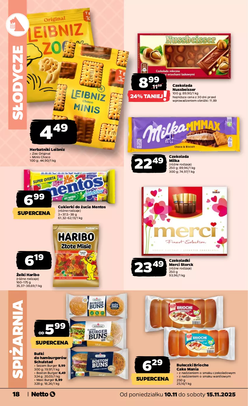 Gazetka promocyjna Netto - Od Poniedziałku - ważna 10.11 do 15.11.2025 - strona 18 - produkty: Bułeczki, Burger, Cukier, Cukierki, Czekolada, Gin, Hamburger, Haribo, Herbatniki, Mentos, Merci, Milka, Ser, Sezam