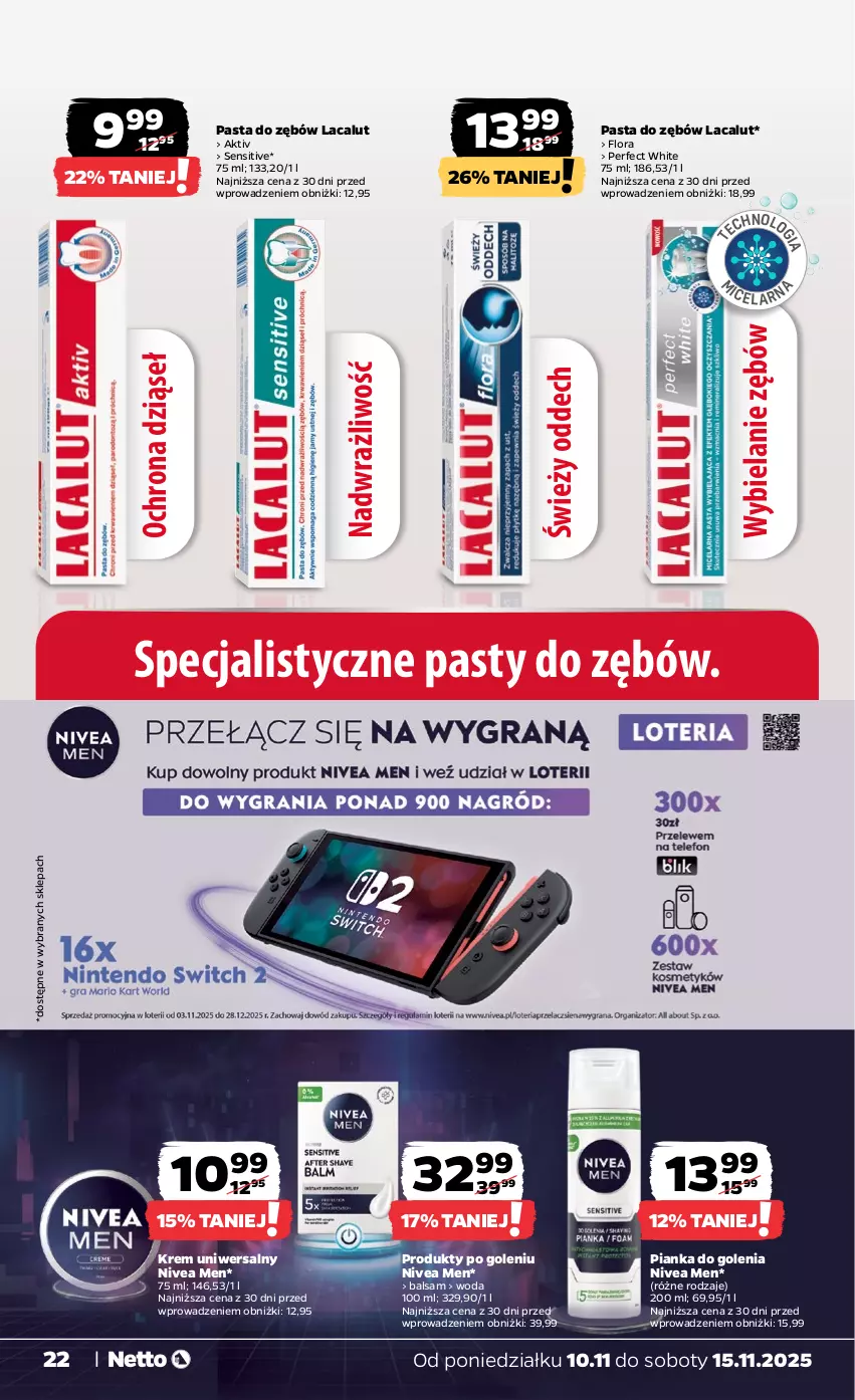 Gazetka promocyjna Netto - Od Poniedziałku - ważna 10.11 do 15.11.2025 - strona 22 - produkty: Flora, Krem uniwersalny, Lacalut, Nivea, Nivea Men, Pasta do zębów, Pianka do golenia, Woda