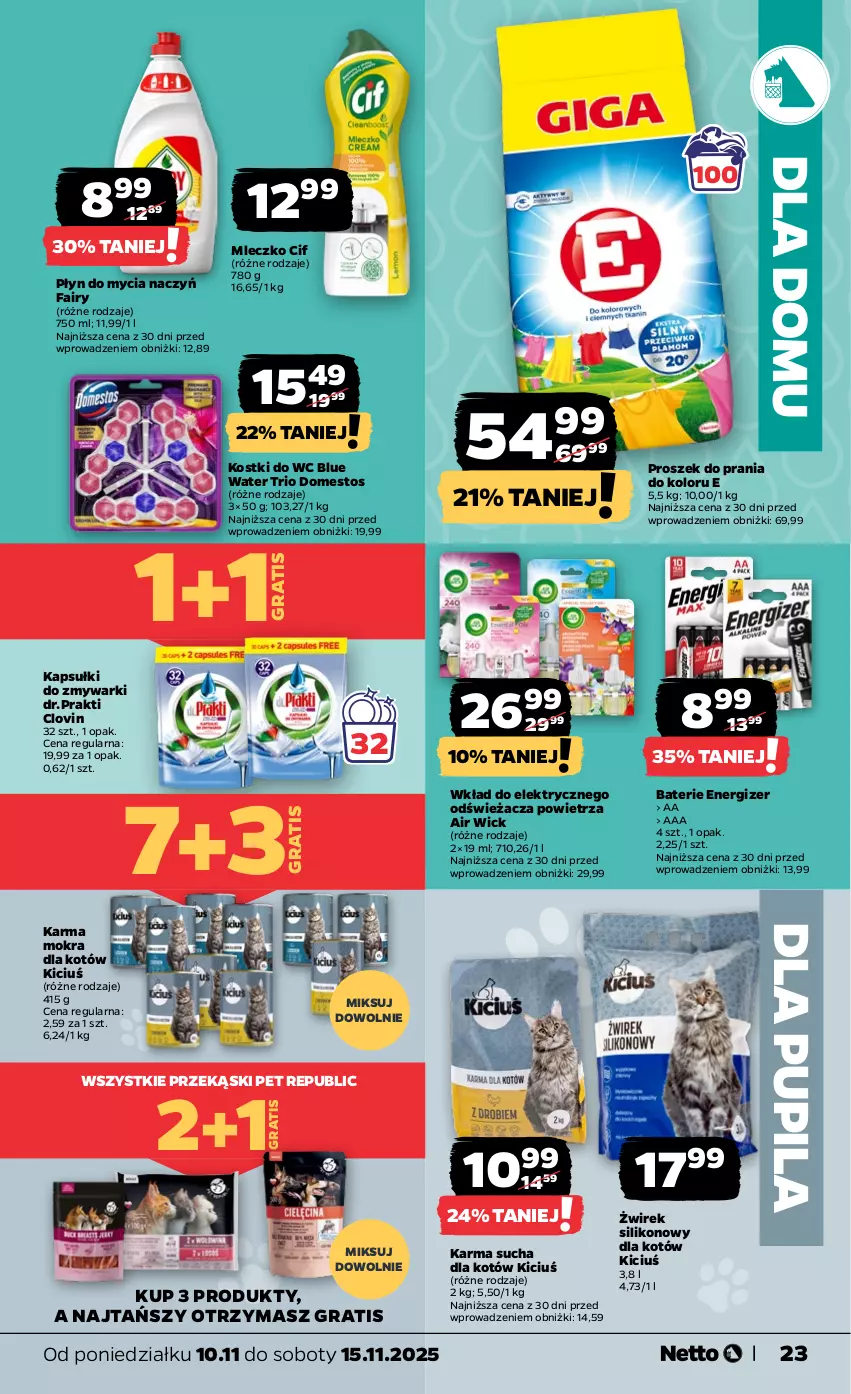 Gazetka promocyjna Netto - Od Poniedziałku - ważna 10.11 do 15.11.2025 - strona 23 - produkty: Air Wick, Cif, Do mycia naczyń, Domestos, Energizer, Fa, Fairy, Gra, Karma mokra dla kotów, Lovi, Mleczko, Płyn do mycia, Płyn do mycia naczyń, Proszek do prania, Zmywarki