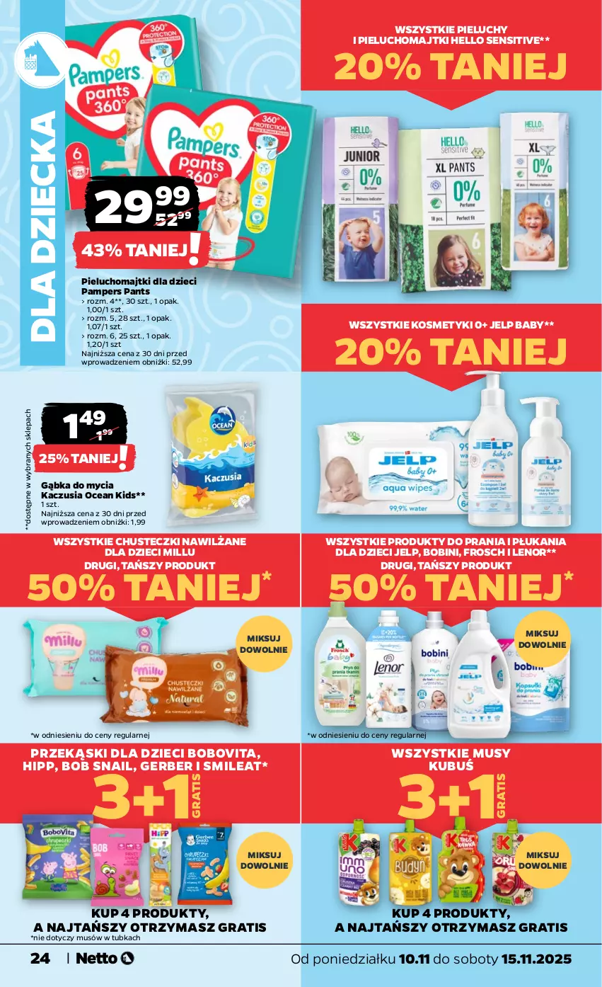Gazetka promocyjna Netto - Od Poniedziałku - ważna 10.11 do 15.11.2025 - strona 24 - produkty: BoboVita, Chusteczki, Dzieci, Frosch, Gerber, Gra, HiPP, Kubuś, Lenor, Majtki, Mus, Pampers, Pieluchomajtki, Pieluchy