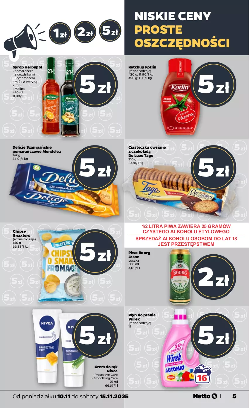 Gazetka promocyjna Netto - Od Poniedziałku - ważna 10.11 do 15.11.2025 - strona 5 - produkty: Chipsy, Delicje, Gra, Herbapol, Imbir, Ketchup, Kotlin, Krem do rąk, Miód, Nivea, Piwa, Piwo, Syrop, Tago