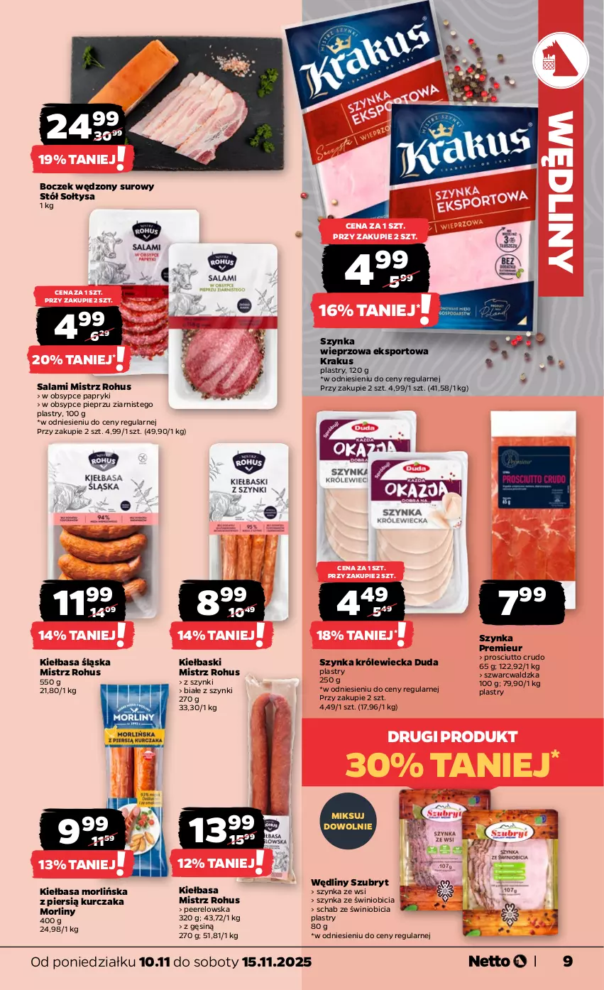 Gazetka promocyjna Netto - Od Poniedziałku - ważna 10.11 do 15.11.2025 - strona 9 - produkty: BIC, Boczek, Duda, Kiełbasa, Kiełbasa śląska, Krakus, Kurczak, Morliny, Pieprz, Por, Prosciutto, Salami, Sport, Stół, Szubryt, Szynka, Szynka wieprzowa