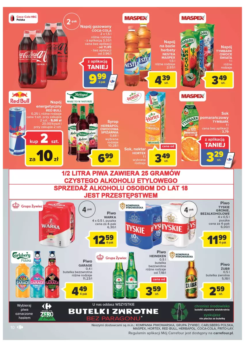 Gazetka promocyjna Carrefour - Gazetka Market - ważna 30.08 do 10.09.2022 - strona 10 - produkty: Carlsberg, Coca-Cola, Heineken, Herbapol, Hortex, O nas, Piwo, Red Bull, Tyskie, Warka