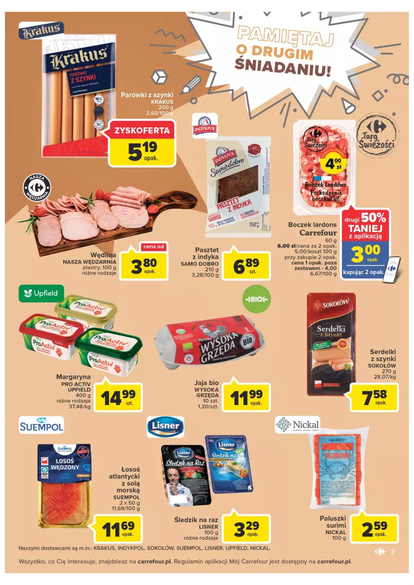 Gazetka promocyjna Carrefour - Gazetka Market - ważna 30.08 do 10.09.2022 - strona 3 - produkty: Boczek, Jaja, Kosz, Krakus, Lisner, Margaryna, Pasztet, Pasztet z indyka, Ser, Serdelki, Sok, Sokołów, Suempol, Surimi, Wędlina