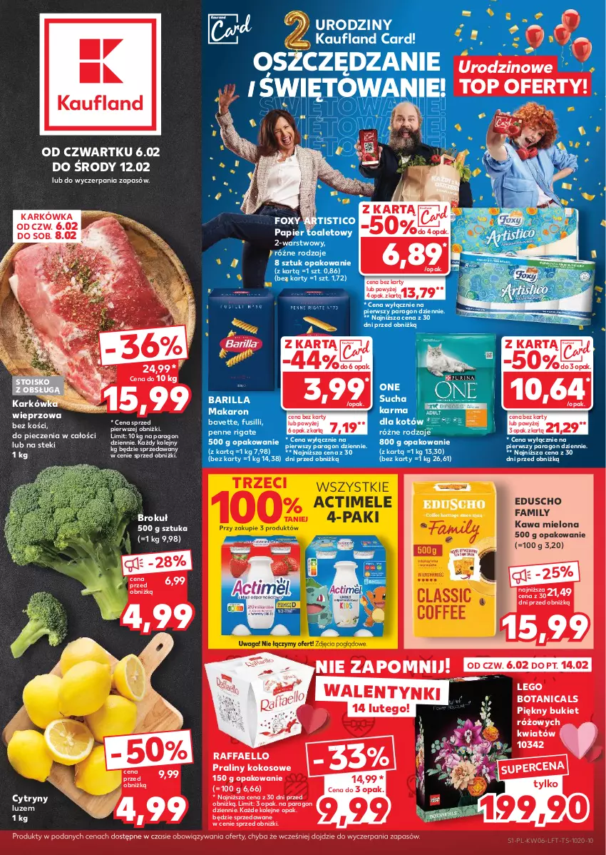 Gazetka promocyjna Kaufland - Gazetka tygodnia - ważna 06.02 do 12.02.2025 - strona 1 - produkty: Actimel, Barilla, Bukiet, Cytryny, Fa, Foxy, Karkówka wieprzowa, Kawa, Kawa mielona, Kokos, LEGO, Makaron, Olej, Papier, Papier toaletowy, Penne, Piec, Praliny, Raffaello, Stek, Sucha karma, Top, Waga