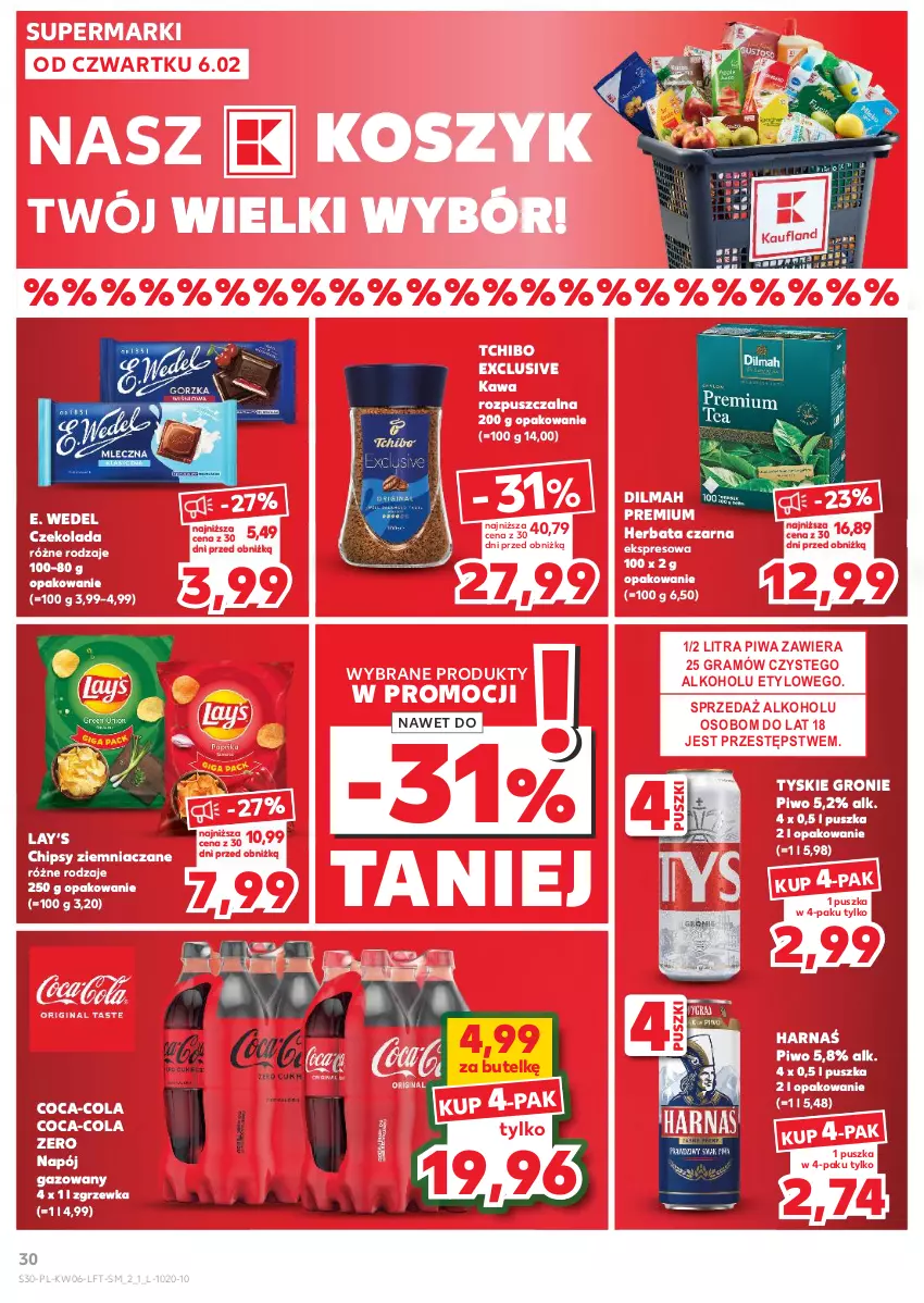 Gazetka promocyjna Kaufland - Gazetka tygodnia - ważna 06.02 do 12.02.2025 - strona 30 - produkty: Chipsy, Coca-Cola, Czekolada, Dilmah, E. Wedel, Gra, Harnaś, Herbata, Herbata czarna, Kawa, Kawa rozpuszczalna, Kosz, Lay’s, Napój, Napój gazowany, Piwa, Piwo, Tchibo, Tyskie