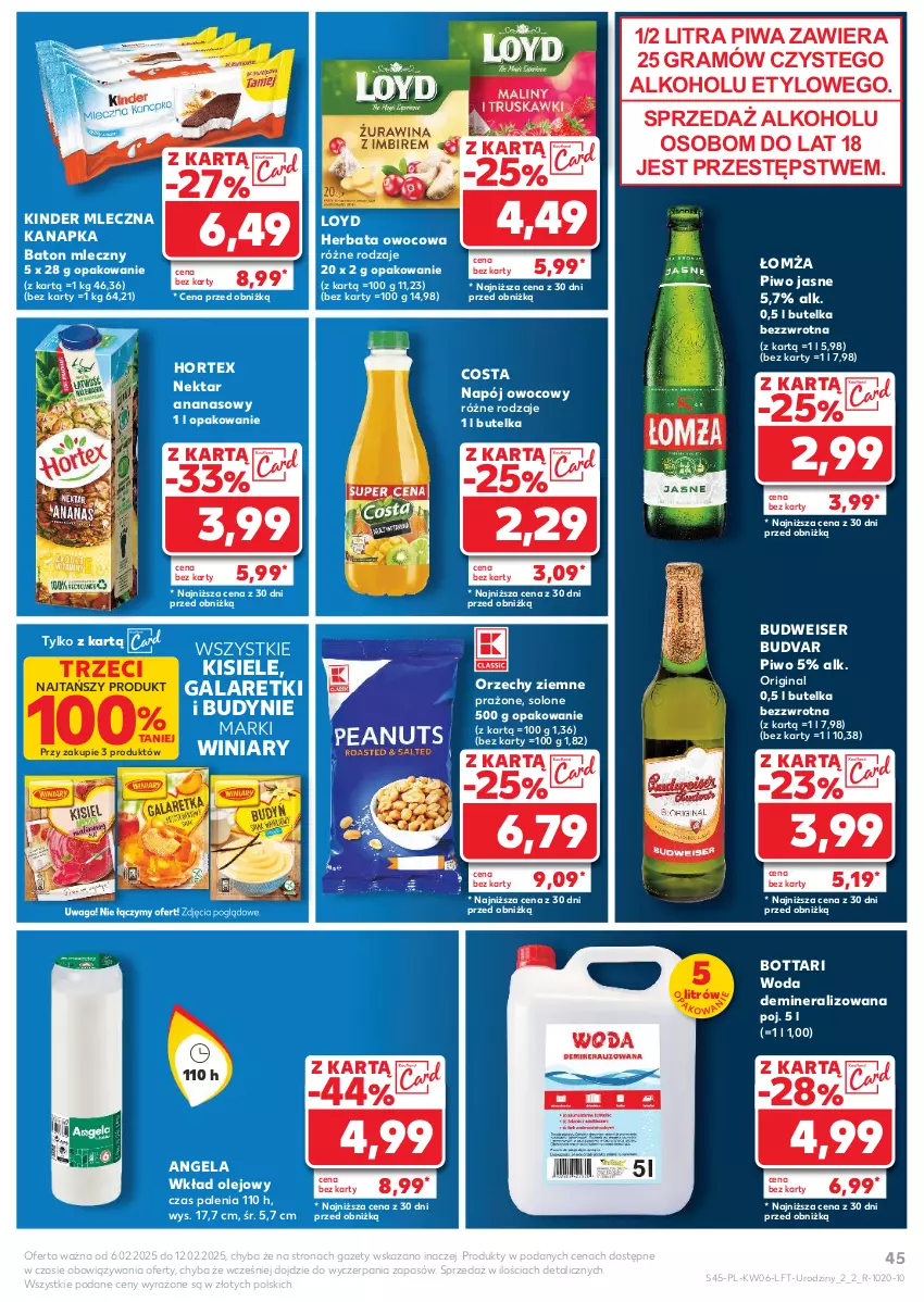 Gazetka promocyjna Kaufland - Gazetka tygodnia - ważna 06.02 do 12.02.2025 - strona 45 - produkty: Ananas, Baton, Gala, Galaretki, Gin, Gra, Herbata, Herbata owocowa, Hortex, Kinder, Kisiel, Loyd, Mleczna kanapka, Napój, Nektar, Olej, Piwa, Piwo, Piwo jasne, Ser, Waga, Winiary, Wkład olejowy, Woda