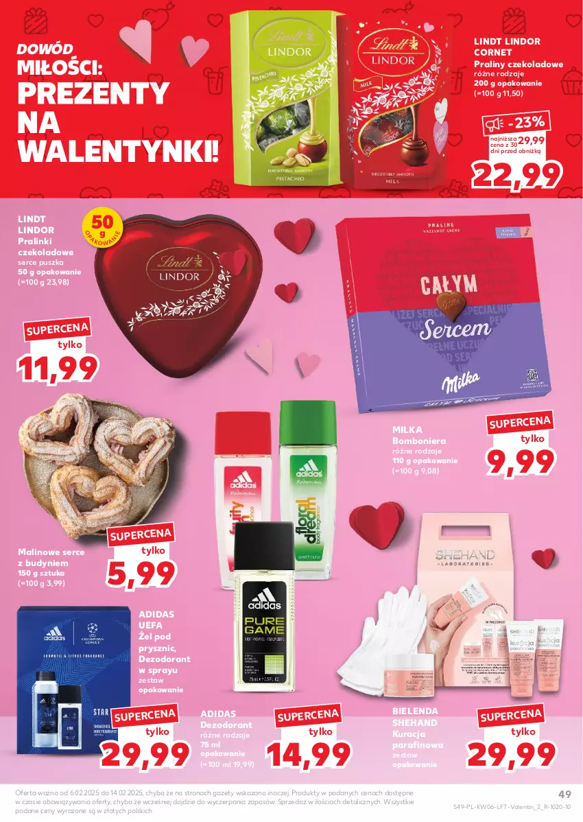 Gazetka promocyjna Kaufland - Gazetka tygodnia - ważna 06.02 do 12.02.2025 - strona 49 - produkty: Adidas, Bielenda, Bomboniera, Dezodorant, Fa, Lindor, Lindt, Milka, Praliny, Ser