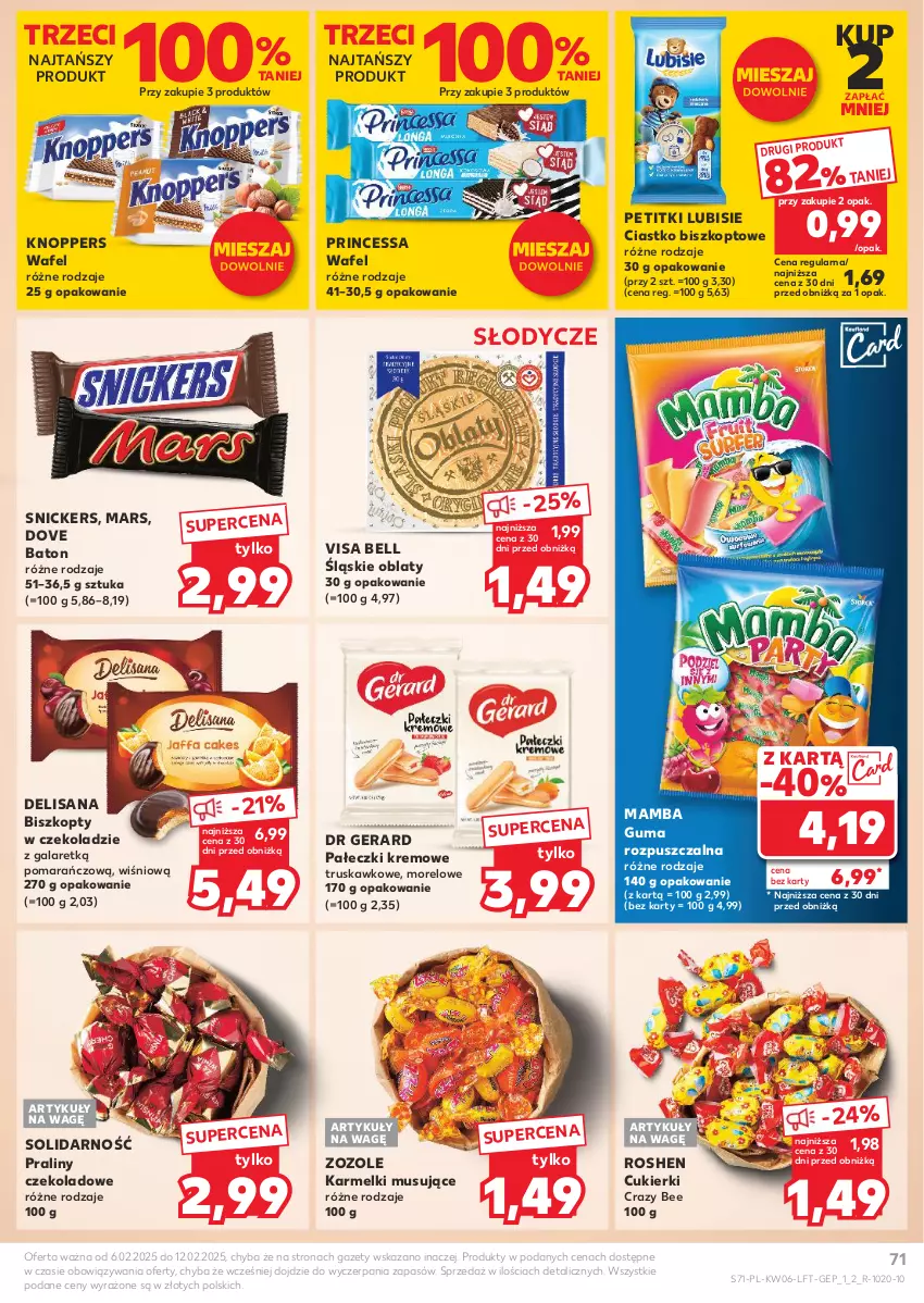 Gazetka promocyjna Kaufland - Gazetka tygodnia - ważna 06.02 do 12.02.2025 - strona 71 - produkty: Baton, Bell, Biszkopty, Cukier, Cukierki, Dove, Dr Gerard, Gala, Guma rozpuszczalna, Isana, Knoppers, Lubisie, Mamba, Mars, Mus, Praliny, Princessa, Snickers