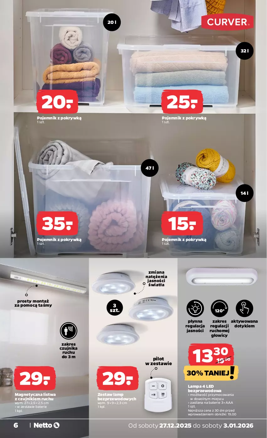 Gazetka promocyjna Netto - Od Soboty - ważna 27.12.2025 do 03.01.2026 - strona 6 - produkty: Lampa, LANA, Listwa, Pojemnik, Pojemnik z pokrywką, Silan