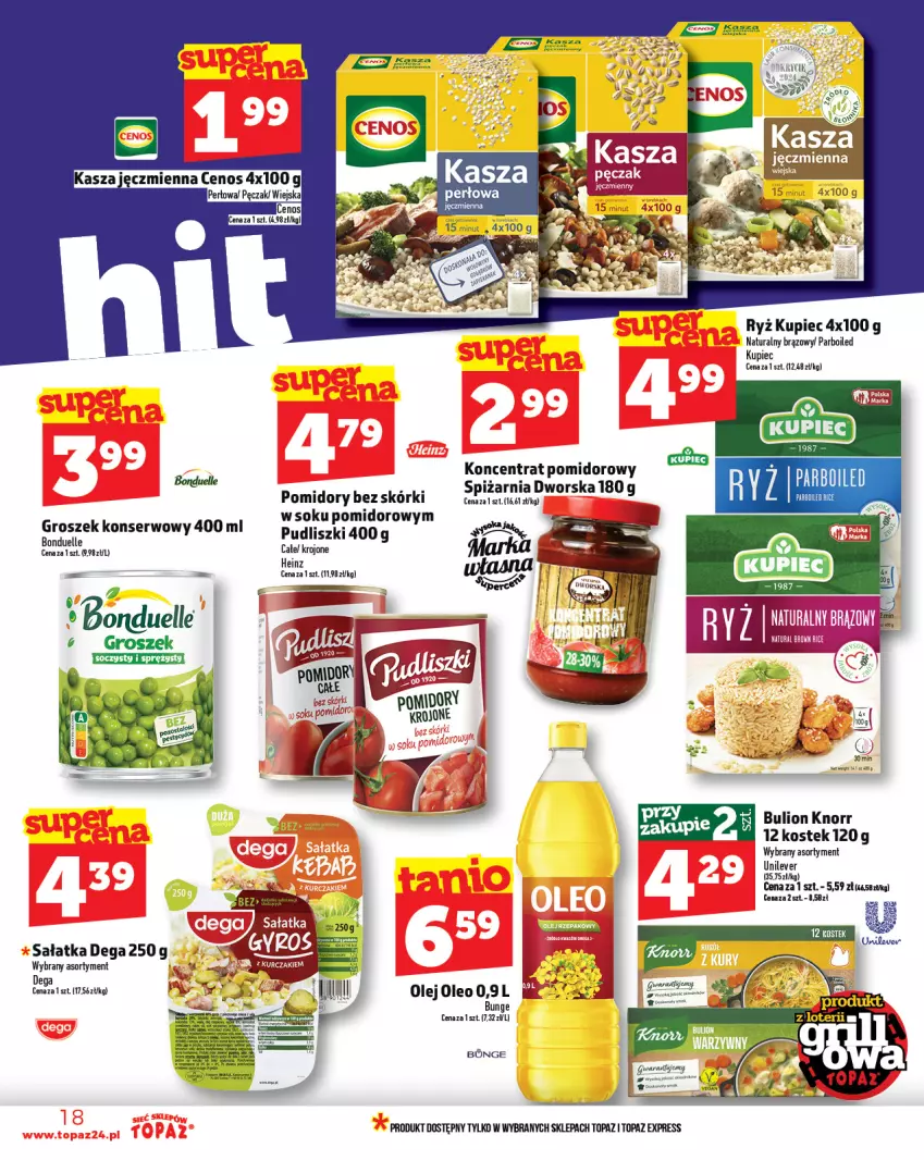 Gazetka promocyjna Topaz - Gazetka - ważna 22.05 do 28.05.2025 - strona 18 - produkty: Bonduelle, Bulion, Cenos, Dega, Groszek, Knorr, Koncentrat pomidorowy, Kupiec, Lion, Olej, Oleo, Piec, Pomidory, Ryż, Sałat, Sałatka, Ser, Stek, Top