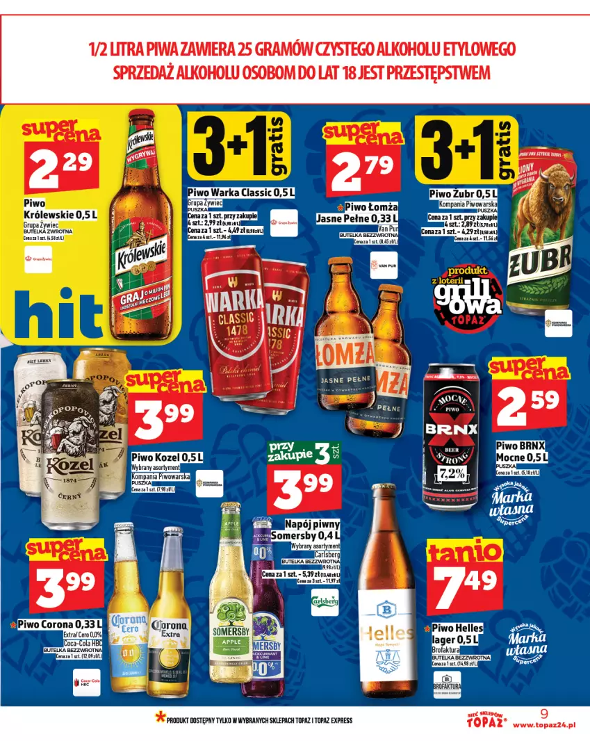 Gazetka promocyjna Topaz - Gazetka - ważna 22.05 do 28.05.2025 - strona 9 - produkty: Carlsberg, Fa, Gra, Kozel, Napój, Piwa, Piwo, Pur, Somersby, Top, Warka