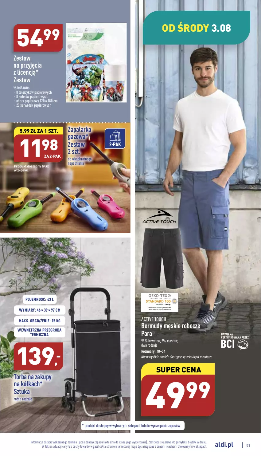 Gazetka promocyjna Aldi - Pełny katalog - ważna 01.08 do 06.08.2022 - strona 31 - produkty: Bermudy, Obrus, Papier, Ser, Talerz, Talerzyk, Torba, Torba na zakupy, Wełna, Zapalarka