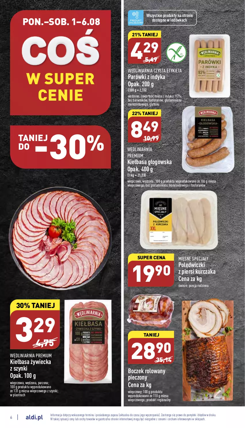 Gazetka promocyjna Aldi - Pełny katalog - ważna 01.08 do 06.08.2022 - strona 6 - produkty: Boczek, Kiełbasa, Kiełbasa głogowska, Kurczak, Lodówka, Mięsne specjały, Parówki, Parówki z indyka, Piec, Por