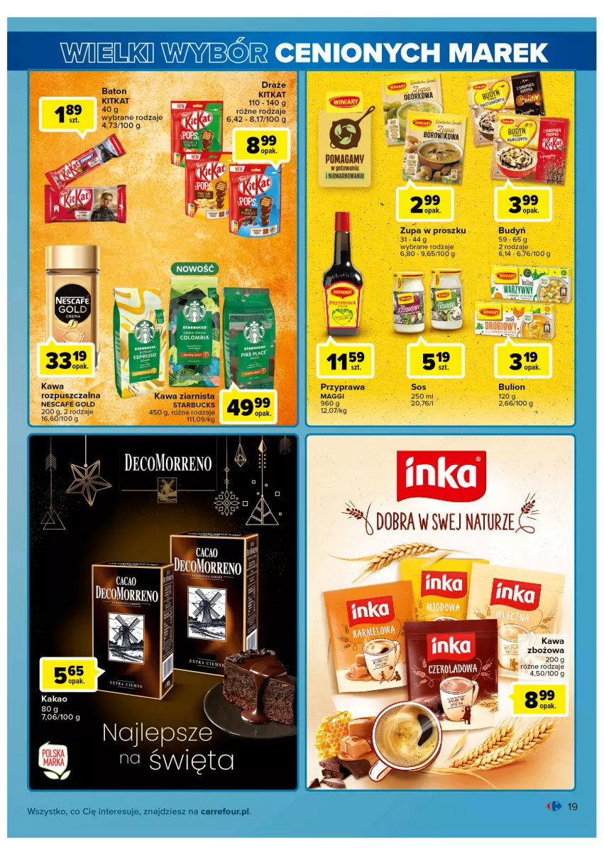 Gazetka promocyjna Carrefour - Gazetka Wielki wybór cenionych marek - ważna 02.11 do 12.11.2022 - strona 19 - produkty: Baton, Budyń, Bulion, Kakao, Kawa, Kawa zbożowa, Kawa ziarnista, Lion, Maggi, Sos, Zupa