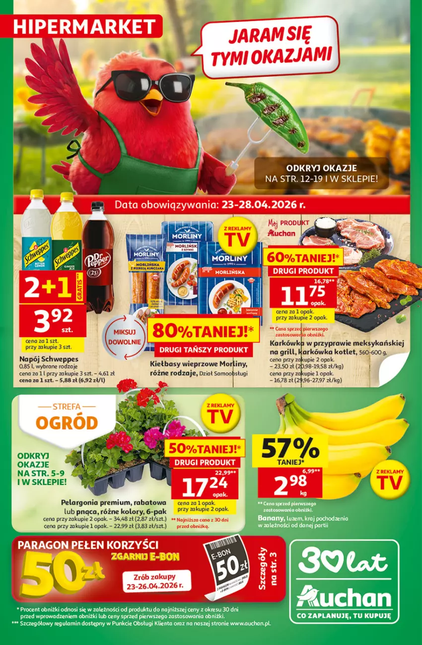 Gazetka promocyjna Auchan - 30 Lat Hipermarket - ważna 23.04 do 28.04.2026 - strona 1 - produkty: Grill, Kotlet, Morliny, Napój, Schweppes