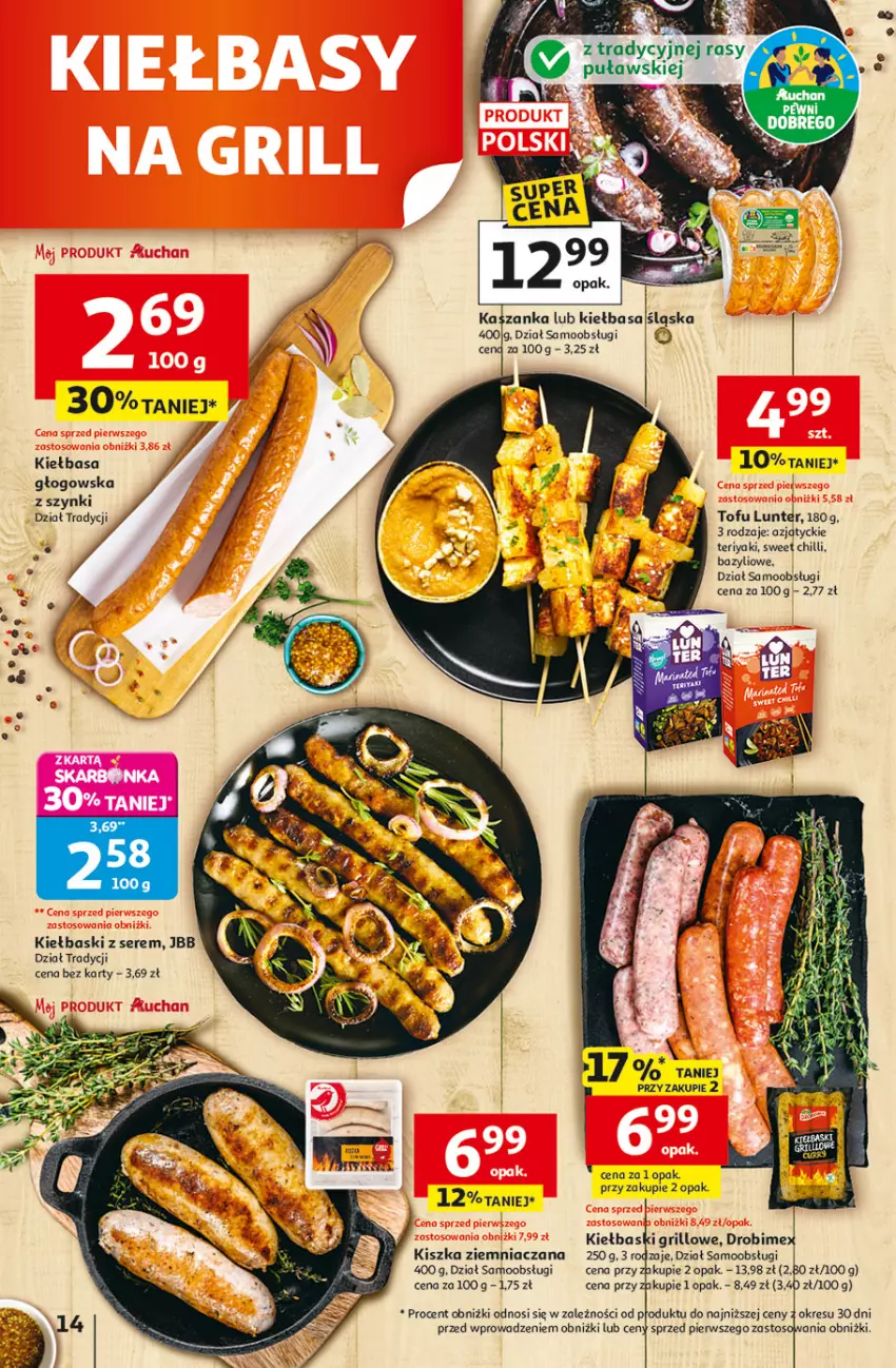 Gazetka promocyjna Auchan - 30 Lat Hipermarket - ważna 23.04 do 28.04.2026 - strona 14 - produkty: Bazyl, Grill, Kiełbasa, Kiełbasa głogowska, Kiełbasa śląska, Ser, Tofu
