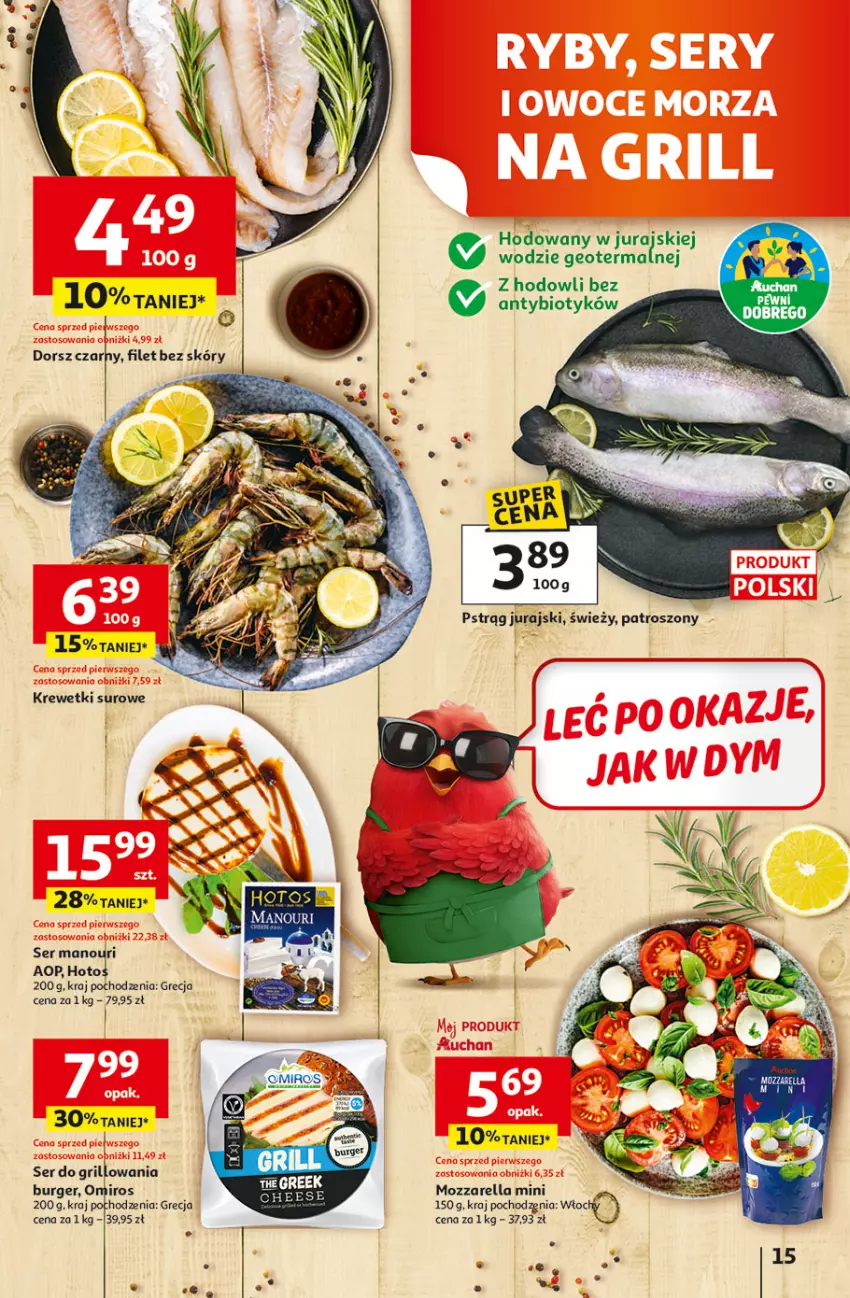Gazetka promocyjna Auchan - 30 Lat Hipermarket - ważna 23.04 do 28.04.2026 - strona 15 - produkty: Burger, Dorsz, Krewetki, Mozzarella, Pstrąg, Ser