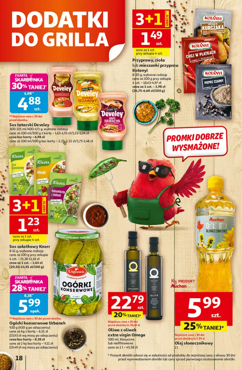 Gazetka promocyjna Auchan - 30 Lat Hipermarket - ważna 23.04 do 28.04.2026 - strona 18 - produkty: Gin, Knorr, Ogórki konserwowe, Olej, Olej słonecznikowy, Oliwa, Oliwa z oliwek, Sałat, Ser, Sos