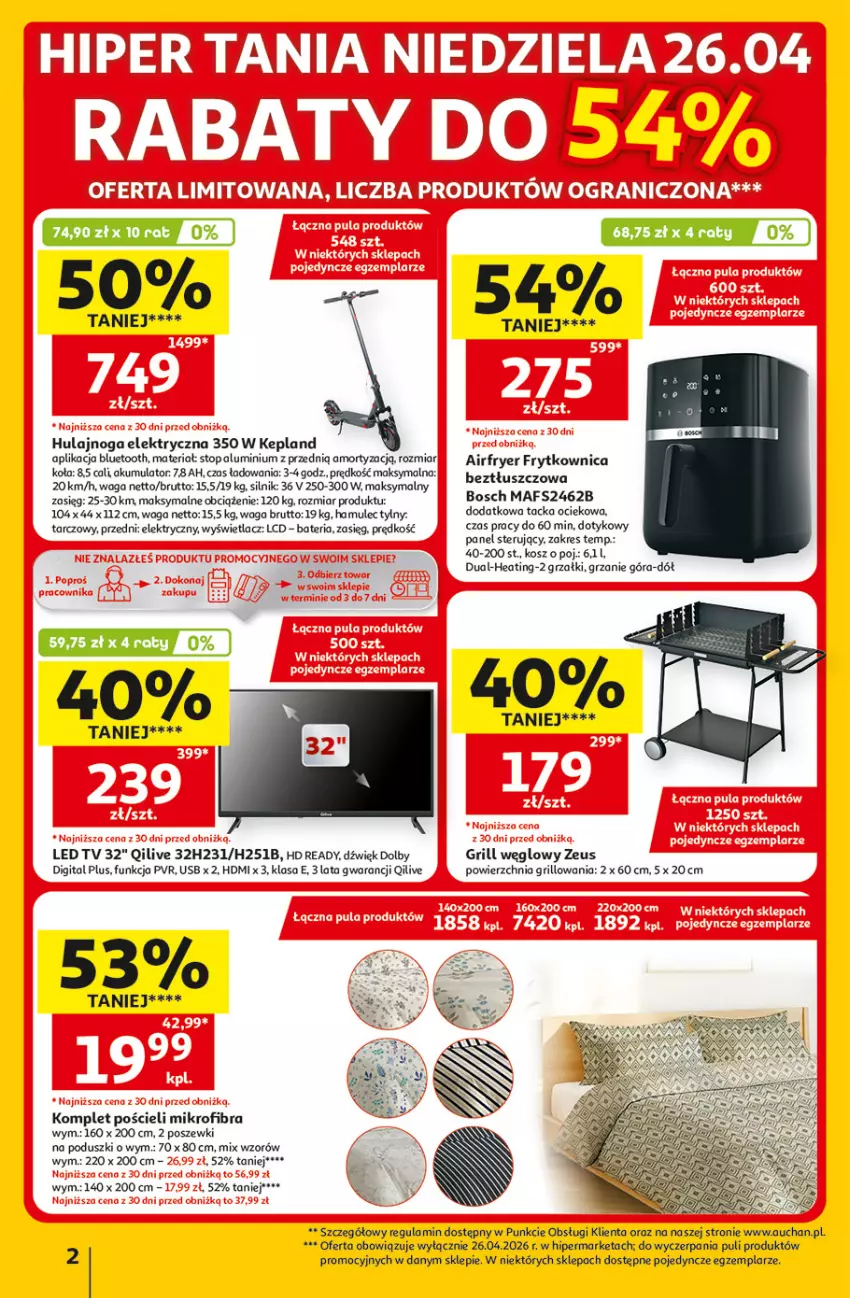 Gazetka promocyjna Auchan - 30 Lat Hipermarket - ważna 23.04 do 28.04.2026 - strona 2 - produkty: Akumulator, Bateria, Bosch, Grill, HD ready, Hulajnoga, Hulajnoga elektryczna, Komplet pościeli, Kosz, LED TV, Mule, Pościel, Top, Waga
