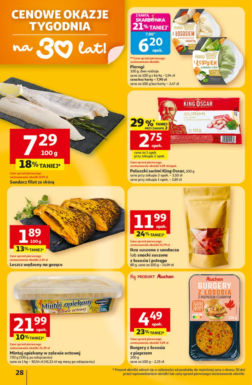 Gazetka promocyjna Auchan - 30 Lat Hipermarket - ważna 23.04 do 28.04.2026 - strona 28 - produkty: Burger, Mintaj, Pieprz, Pierogi, Pstrąg, Sandacz, Sandacz filet, Sos, Surimi