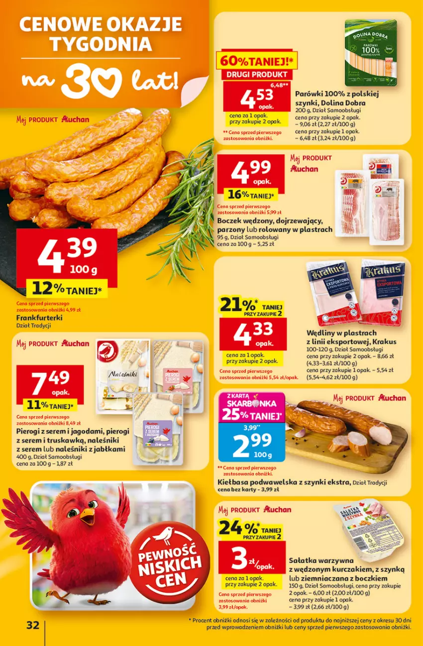 Gazetka promocyjna Auchan - 30 Lat Hipermarket - ważna 23.04 do 28.04.2026 - strona 32 - produkty: Boczek, Frankfurterki, Jabłka, Kiełbasa, Kiełbasa podwawelska, Krakus, Kurczak, Naleśniki, Parówki, Pierogi, Por, Sałat, Sałatka, Sałatka warzywna, Ser, Sport, Wawel