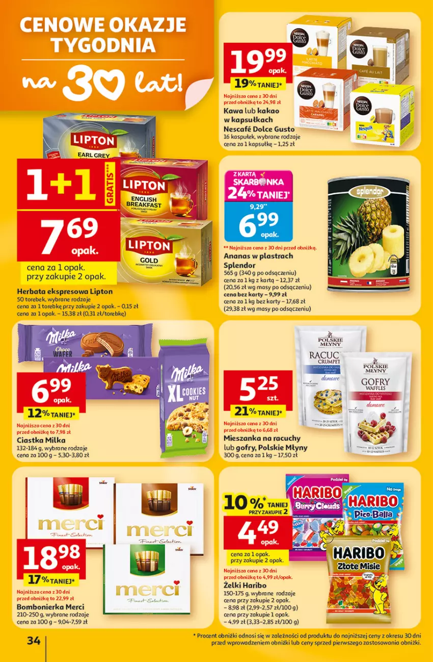 Gazetka promocyjna Auchan - 30 Lat Hipermarket - ważna 23.04 do 28.04.2026 - strona 34 - produkty: Aksam, Ananas, Ananas w plastrach, Ciastka, Dolce Gusto, Gofry, Haribo, Herbata, Kakao, Kawa, Lipton, Merci, Milka, Polskie Młyny, Rum
