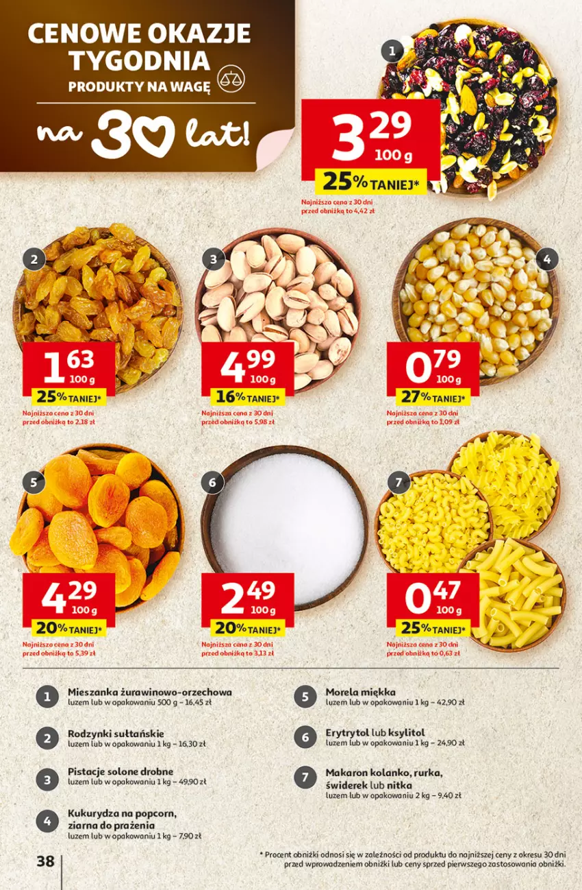 Gazetka promocyjna Auchan - 30 Lat Hipermarket - ważna 23.04 do 28.04.2026 - strona 38 - produkty: Ksylitol, Kukurydza, Makaron, Morela, Pistacje, Popcorn, Rodzynki, Wino