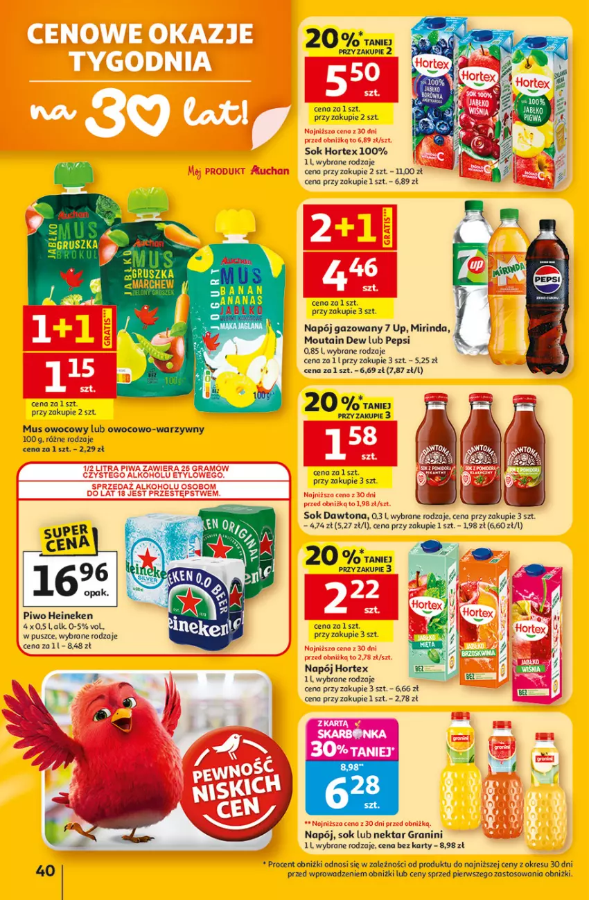 Gazetka promocyjna Auchan - 30 Lat Hipermarket - ważna 23.04 do 28.04.2026 - strona 40 - produkty: Dawtona, Gra, Heineken, Hortex, Mirinda, Mus, Napój, Napój gazowany, Nektar, Pepsi, Piwo, Sok